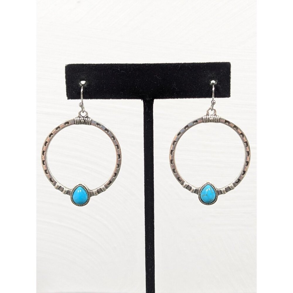 Boho Hoop Earrings Silver Tone Faux Turquoise Teardrop Rustic Western
